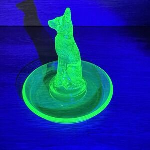 RARE Vintage Uranium Glass German Shepherd Dog Ring Dish Ring Tree Trinket Dish